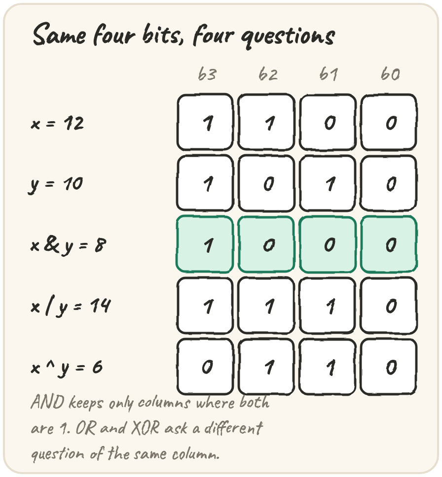 Four bit columns, x=12 and y=10 stacked above the AND, OR and XOR rows, with the AND row highlighted green because it keeps only the column where both are 1