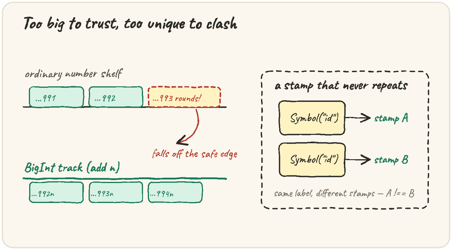 Left: an ordinary number shelf where the value past the safe limit silently rounds and falls off the edge, next to an exact BigInt track with a trailing n; right: two separate Symbol("id") calls stamping two different, unequal values