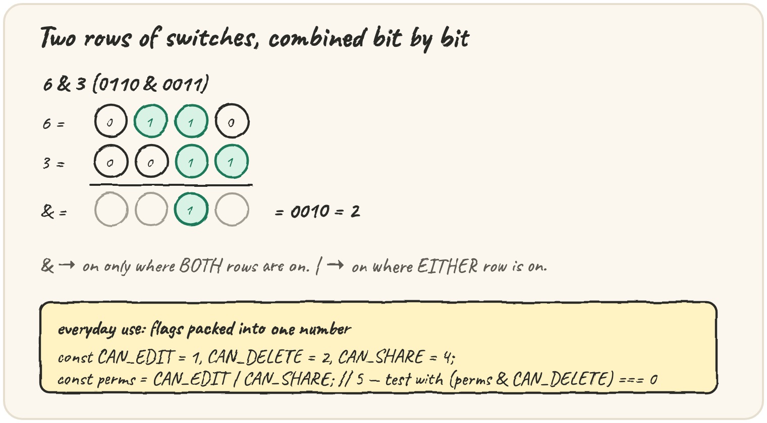 Two rows of switches: 6 = 0110, 3 = 0011; 6 & 3 keeps only the position where both rows are on (0010 = 2); a note that | keeps a switch on wherever EITHER row is on; plus a flags example with CAN_EDIT/CAN_DELETE/CAN_SHARE packed into one number