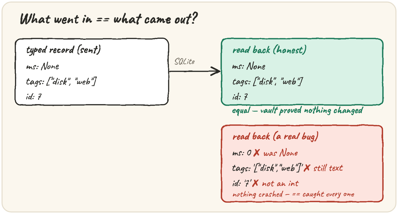 A typed record sent in, a read-back record matching exactly — equal; beside it a read-back record with ms turned to 0, tags still a JSON string, id turned to a string — nothing crashed, but == catches every one